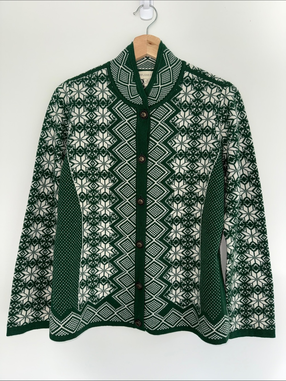 Appleseed's Green and White Fair Isle Mock Neck Cardigan Nordic Snowflake, M